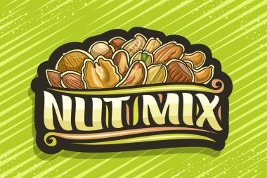 Nut Mix için vektör logosu, yığınla karikatür resimli siyah dekoratif etiket çeşitli fındık ve gösterimler, özgün fırça betiği ile tasarım kavramı soyut arka planda fındık karışımı kelimeler için.