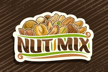Nut Mix için vektör logosu, yığınla ham fındık ve zenginlik resimleriyle dekoratif kesim kağıt etiketi, kahverengi soyut arkaplanda fındık karışımı kelimeler için orijinal fırça betiği ile tasarım konsepti.
