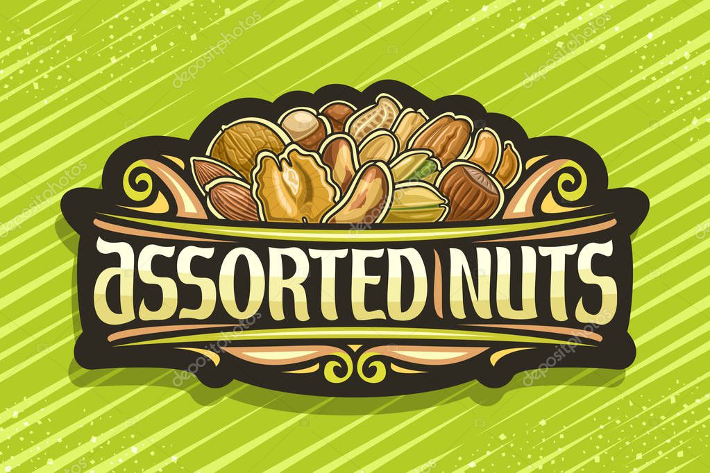 Vector logo for Assorted Nuts, black decorative sign with illustration of heap cartoon diverse nuts and flourishes, design signboard with original typeface for words assorted nuts on green background.