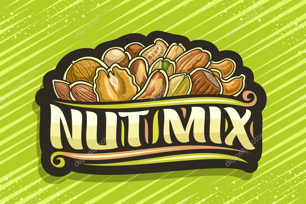 Vector logo for Nut Mix, black decorative tag with illustration of pile cartoon various nuts and flourishes, design concept with original brush script for words nut mix on green abstract background.