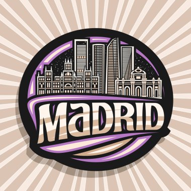 Madrid için vektör logosu, akşamları Madrid 'in ünlü simgelerini gösteren siyah daire etiketi, soyut arka planda Madrid kelimesi için orijinal fırça yazı tipiyle dekoratif buzdolabı mıknatısı..