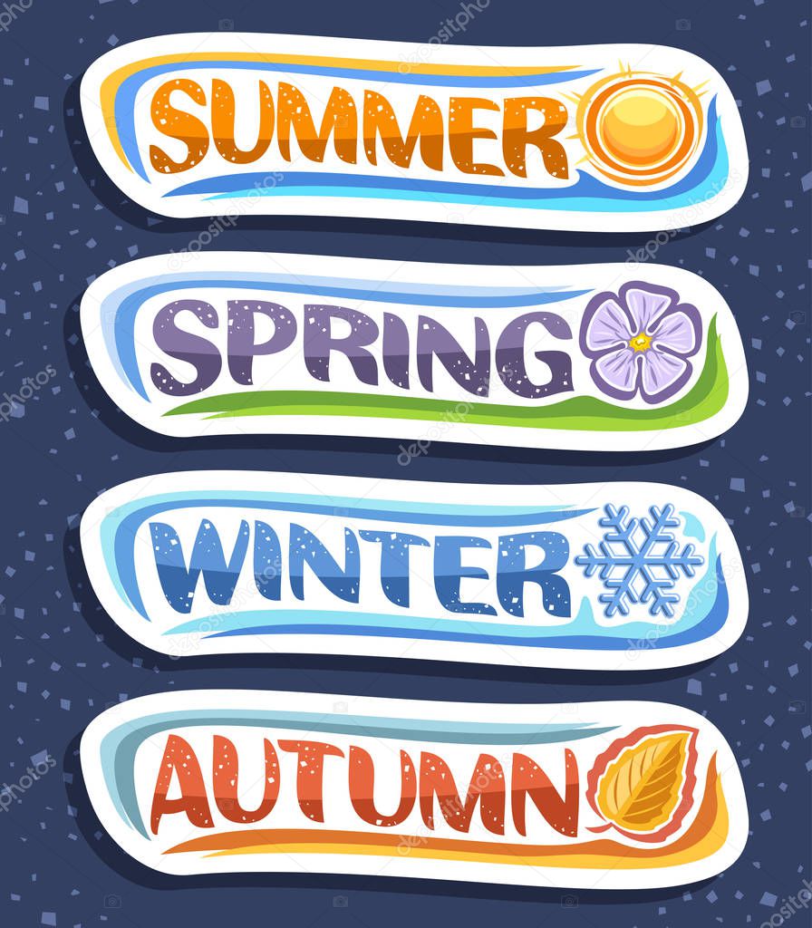 Vector set for Four Seasons, 4 cut out horizontal seasonal signs with brush typeface, summer with warm sun, winter with blue snow flake, spring with floral bloom, fall season with orange autumn leaf.