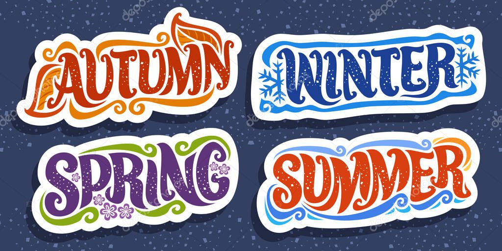 Vector set for Four Seasons, 4 cut out decorative seasonal badges with words and confetti, summer with sea waves, winter with blue snow flakes, spring with lilac bloom, autumn season with orange leaf.