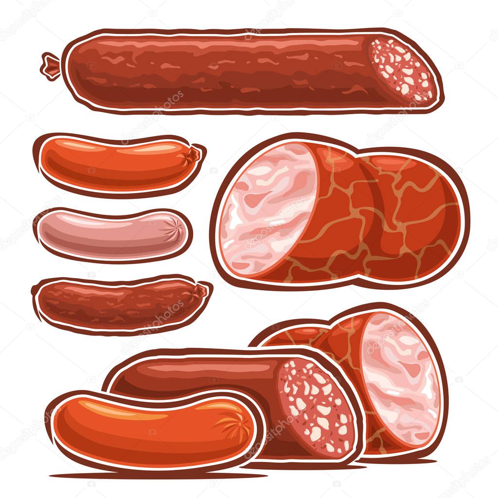 Vector set of Sausages, collection of cut out illustrations many types of delicatessen sausages and cartoon frankfurters for hot dog, isolated on white background.