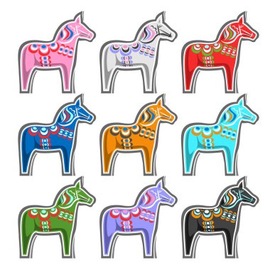Vector set of Swedish wooden Horses, traditional symbol of Sweden - Dalecarlian horse or Dala horse, collection of 9 cut out swedish kids toys on white background. clipart