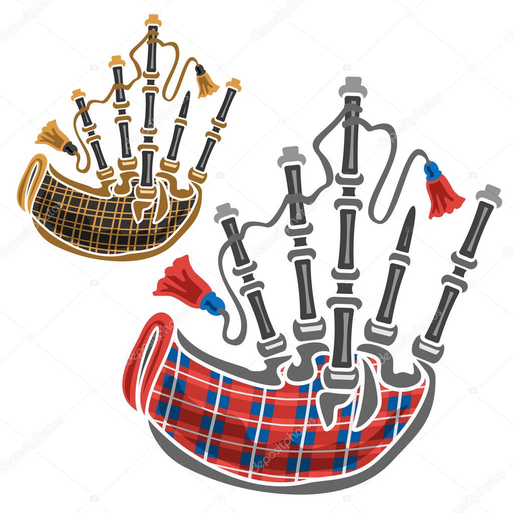 Vector set of scottish Bagpipes, 2 cut out illustrations of classical different bagpipes leather and red tartan on white background.
