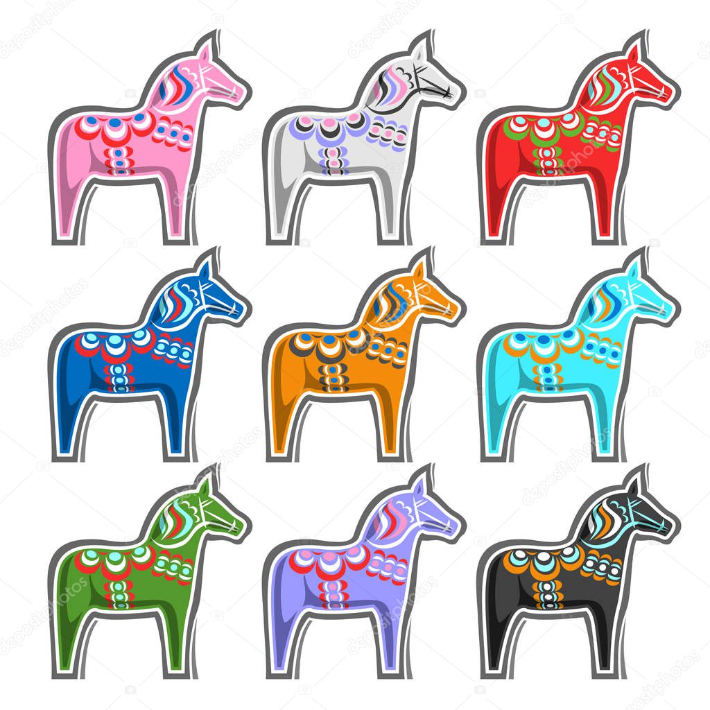 Vector set of Swedish wooden Horses, traditional symbol of Sweden - Dalecarlian horse or Dala horse, collection of 9 cut out swedish kids toys on white background.