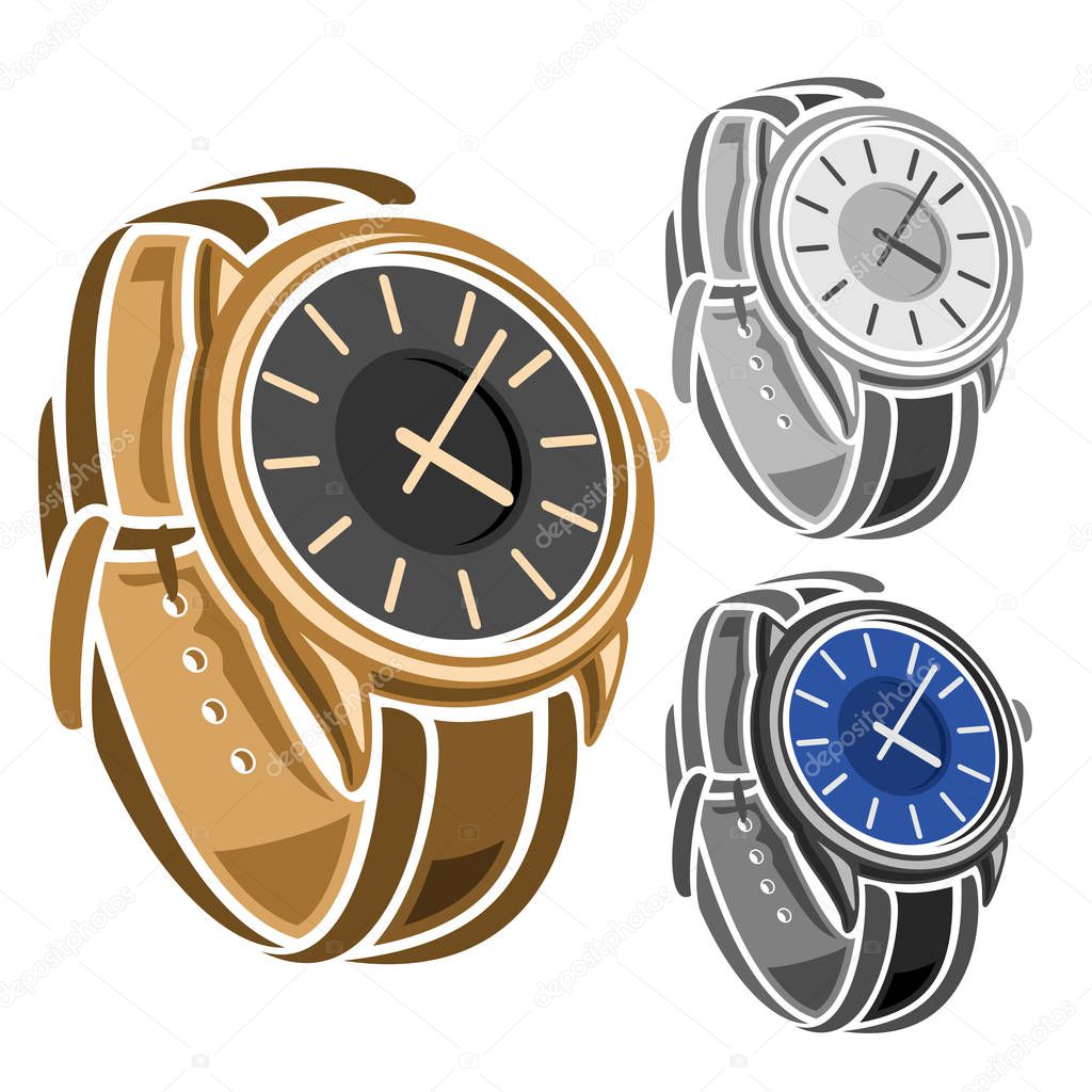 Vector set of Wrist Watches, collection of 3 cut out illustrations of variety swiss wrist watches with leather bracelets on white background.