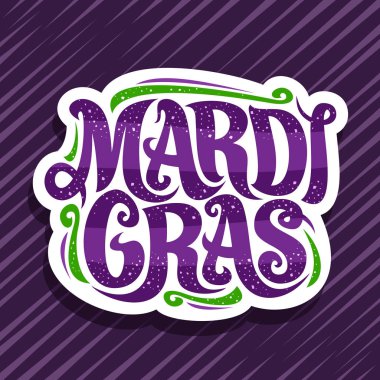 Mardi Gras karnavalı için vektör logosu, tasarım süslemeleri ve kıvrımlı yazı tipi olan kağıt rozeti, mor çizgili arka planda Mardi Gras kelimeleri için dekoratif yazı tipi.