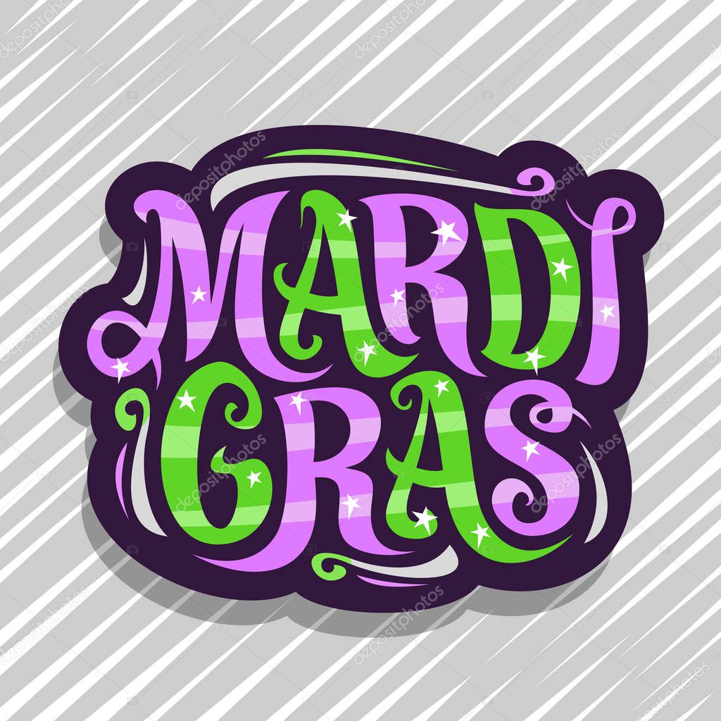 Vector logo for Mardi Gras carnival, dark badge with design flourishes and curly calligraphic font, decorative art signage with original brush type for words mardi gras on abstract striped background.