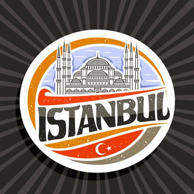 İstanbul için vektör logosu, Sultanahmet Camii 'nin gökyüzü arkaplanında resmedilmiş resmedilmiş beyaz dekoratif yuvarlak etiketi, istanbul için fırça senaryosu ve stilize Türk bayraklı turistik buzdolabı mıknatısı.