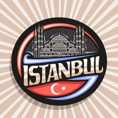 İstanbul için vektör logosu, üzerinde Sultanahmet Camii resmi olan koyu renkli yuvarlak etiket, İstanbul için fırça başlıklı turist buzdolabı mıknatısı ve biçimlendirilmiş Türk bayrağı