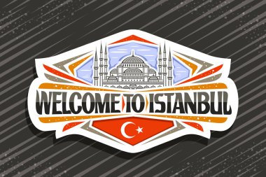 İstanbul için vektör logosu, gökyüzü arka planında Sultanahmet Camii 'nin resmedildiği dekoratif kağıt levhası, İstanbul' a hoş geldiniz diyen turist buzdolabı mıknatısı ve stilize Türk bayrağı
