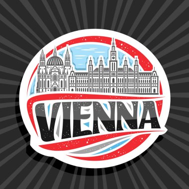 Viyana için vektör logosu, beyaz dekoratif yuvarlak çıkartma, Viyana Belediyesi ve Maria vom Siege Kilisesi 'nin resmedildiği gün gökyüzü arkaplanı, siyah kelime Viyana ile turist buzdolabı mıknatısı..