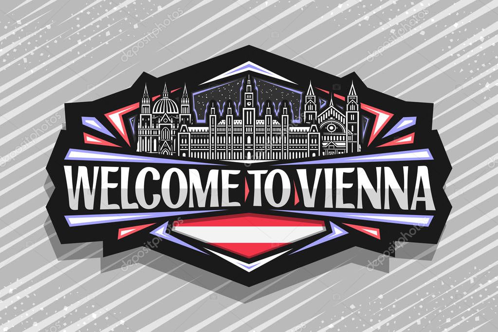 Vector logo for Vienna, dark decorative signage with line illustration of Vienna City Hall and historic Kirche Maria vom Siege on sky background, tourist fridge magnet with words welcome to vienna.