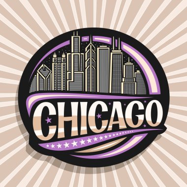Chicago için vektör logosu, karanlık dekoratif yuvarlak rozet modern alacakaranlık şehir manzarası çizimi, turist buzdolabı mıknatısı orijinal fırça yazı karakteriyle Chicago ve art arda yıldızlar.