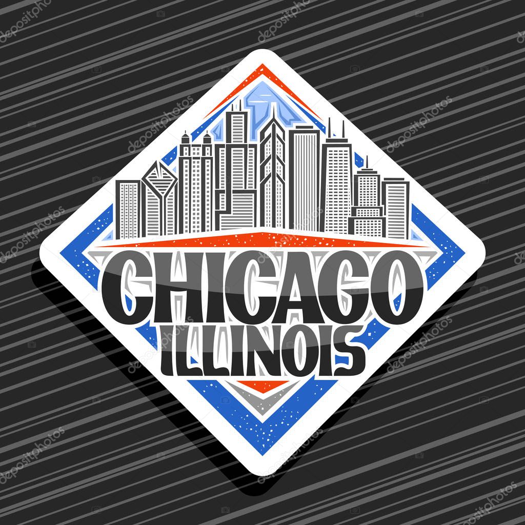 Vector logo for Chicago, white decorative signboard with line illustration of chicago cityscape, tourist fridge magnet with original typeface for words chicago illinois on black striped background.