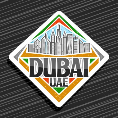 Dubai için vektör logosu, mavi gökyüzü arka planında modern Dubai şehir manzarasının çizgili beyaz dekoratif eşkenar dörtgen etiketi, siyah kelimeler için orijinal yazı karakteriyle turist buzdolabı mıknatısı Dubai uae.