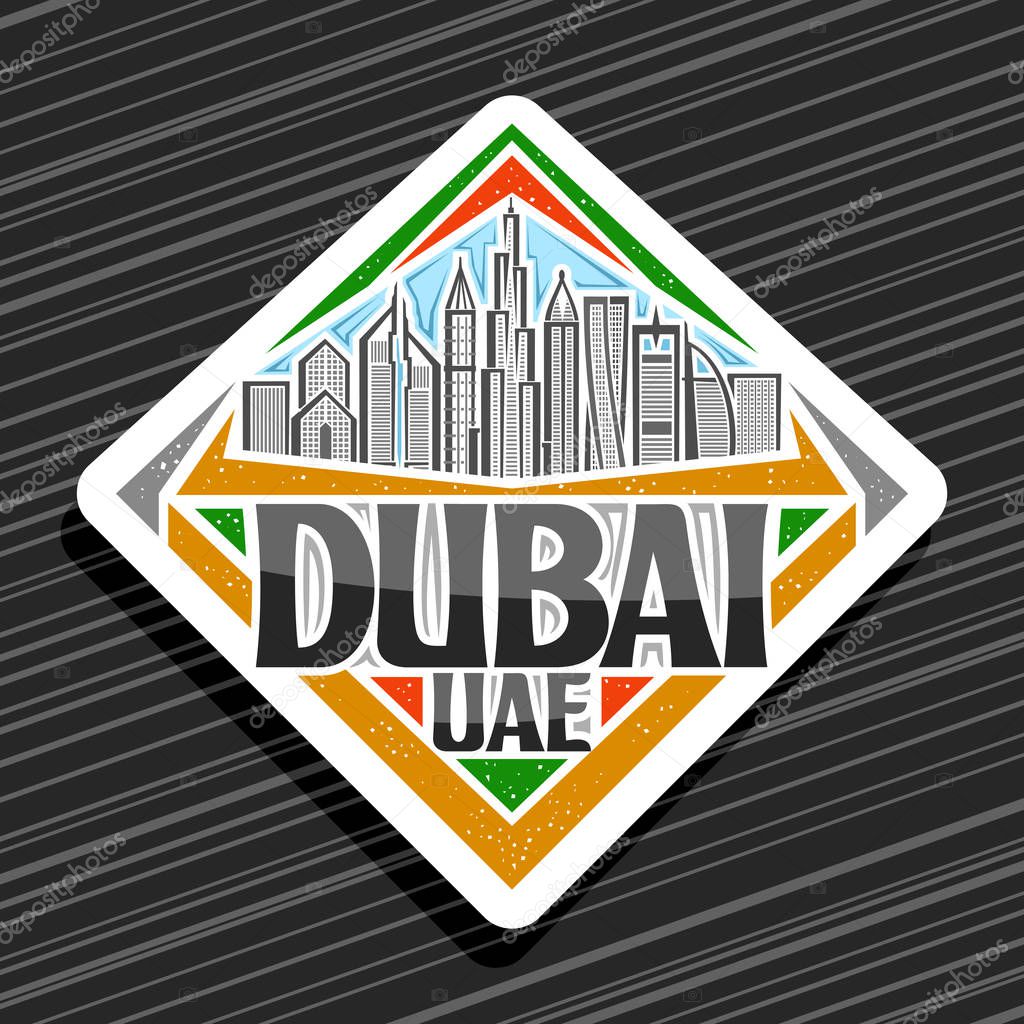 Vector logo for Dubai, white decorative rhombus tag with line illustration of modern dubai cityscape on blue sky background, tourist fridge magnet with original typeface for black words dubai uae.