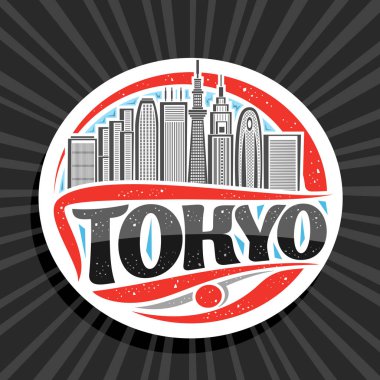 Tokyo için vektör logosu, beyaz dekoratif yuvarlak rozet mavi gökyüzü arka planında modern Tokyo şehir manzarasının çizimi, siyah metin Tokyo için orijinal fırça yazı tipine sahip turist buzdolabı mıknatısı.