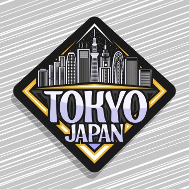 Tokyo için vektör logosu, karanlık dekoratif eşkenar dörtgen çıkartması akşam gökyüzü arka planında modern Tokyo şehir manzarasının çizimi, Tokyo japan kelimeleri için orijinal yazı karakteriyle turist buzdolabı mıknatısı.