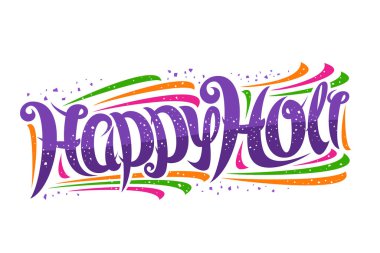 Holi Festivali için vektör tebrik kartı, kıvrımlı yazı tipi ve renkli tasarım unsurlarıyla dekoratif davetiye, tebrik etmek için girdaplı fırça yazı tipi beyaz arka planda mutlu bayramlar diler.