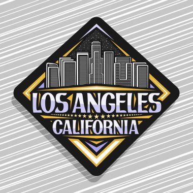 Los Angeles 'ın vektör logosu, Los Angeles' ın ünlü akşam manzarasının çizili koyu renk eşkenar dörtgen etiketi, Los Angeles 'ın turist rozeti, Los Angeles California' nın kelimeleri ve arka arkaya yıldızları için fırça izleri..