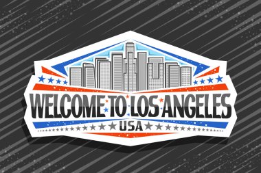 Los Angeles için vektör logosu, gökyüzü arka planında modern La şehir manzarasının çizili beyaz tabela tabelası, siyah kelimelerin yazılı olduğu tabela. Los Angeles 'a hoş geldiniz..