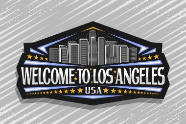 Los Angeles için vektör logosu, karanlık dekoratif tabela, alacakaranlık gökyüzü arka planında modern La şehir manzarasının çizimi, Los Angeles 'a hoş geldiniz demek için fırça mektuplarıyla turist buzdolabı mıknatısı.