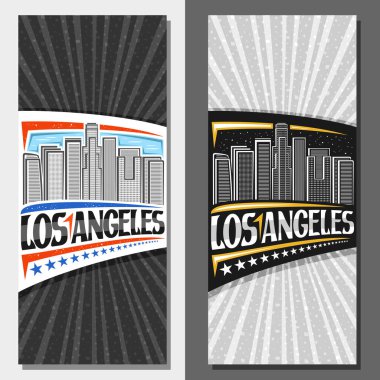 Los Angeles için vektör planları, gökyüzü arka planında modern şehir manzarasının siyah beyaz çizgili broşürü, Los Angeles ve dizili yıldızlar için fırça harfleri olan turist kartı.