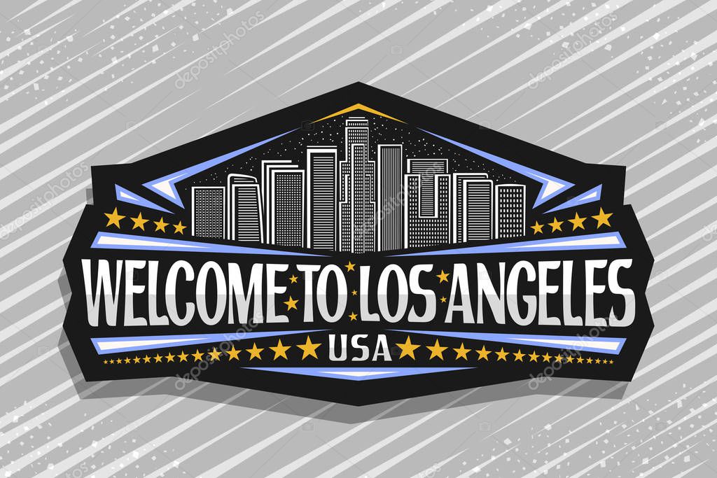 Vector logo for Los Angeles, dark decorative signage with line illustration of modern LA cityscape on dusk sky background, tourist fridge magnet with brush letters for words welcome to los angeles USA