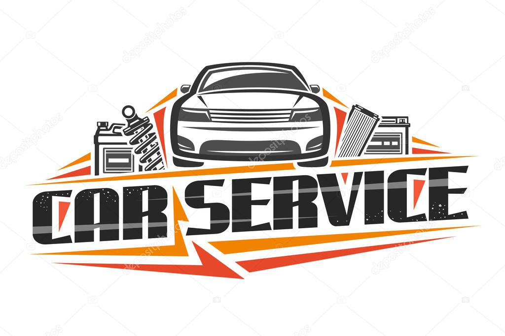 Vector logo for Car Service, decorative signboard with illustration of sports car, gallon can, professional shock absorber, air filter and battery, sign board with original font for words car service.