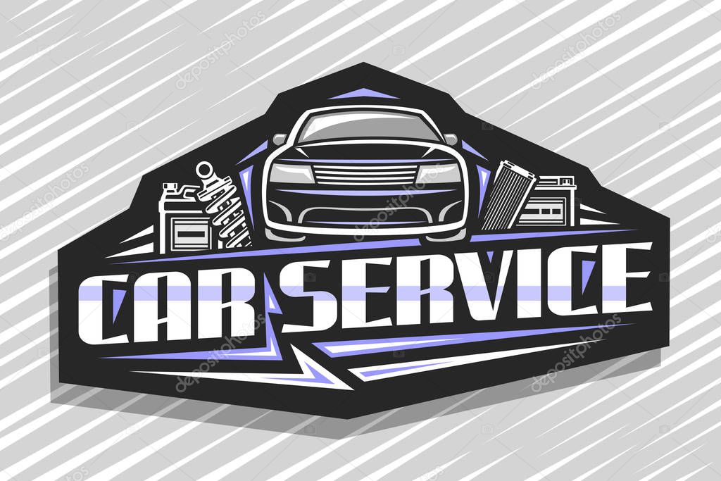 Vector logo for Car Service, decorative signboard with illustration of sports car, gallon can, professional shock absorber, air filter and battery, sign board with original font for words car service.