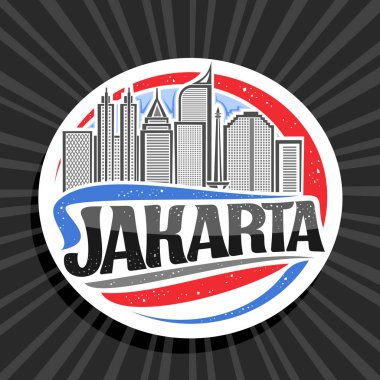 Jakarta için vektör logosu, beyaz dekoratif yuvarlak etiket, günümüz gökyüzü arka planında modern jakarta şehir manzarasının çizimi, siyah metin jakarta için yaratıcı harflerle turist buzdolabı mıknatısı tasarımı.