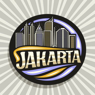 Jakarta için vektör logosu, siyah dekoratif daire etiketi alacakaranlık gökyüzü arka planında çağdaş jakarta şehir manzarasının çizimi, sanat tasarımı buzdolabı mıknatısı kelimenin yaratıcı harfleriyle jakarta.