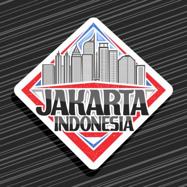 Jakarta için vektör logosu, beyaz dekoratif eşkenar dörtgen etiketi gökyüzü arka planında modern jakarta şehir manzarasının çizimi, siyah kelimeler için yaratıcı harflerle buzdolabı mıknatısı jakarta Endonezya