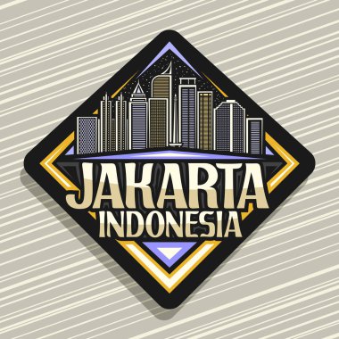 Jakarta için vektör logosu, karanlık dekoratif eşkenar dörtgen rozeti alacakaranlık gökyüzü arka planında jakarta şehir manzarası çizimi, jakarta Endonezya kelimeleri için yaratıcı yazı karakteriyle turist buzdolabı mıknatısı.