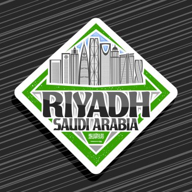 Riyad için vektör logosu, Riyad için beyaz eşkenar dörtgen damgası, gökyüzü arka planında ünlü riyad şehir manzarasının çizimi, siyah kelimeler için yaratıcı harflerle buzdolabı mıknatısı, Riyad, Suudi Arabistan.