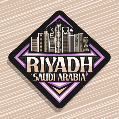 Riyad için vektör logosu, Riyad için siyah eşkenar dörtgen rozet. Alacakaranlık arka planında ünlü riyad şehir manzarasının çizimi. Riyad, Suudi Arabistan için yaratıcı harflerle buzdolabı mıknatısı tasarımı..