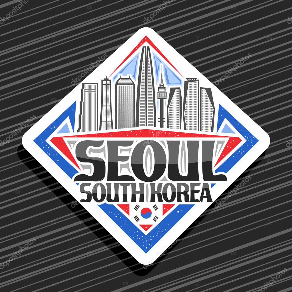 Vector logo for Seoul, white rhombus stamp with line illustration of famous seoul city scape on day sky background, art design fridge magnet with creative letters for black words seoul, south korea.