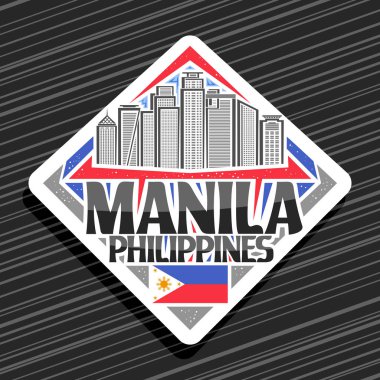 Manila için vektör logosu, beyaz eşkenar dörtgen etiketi, gökyüzü arka planında çağdaş Manila şehir manzarasının çizimi, siyah kelimeler için yaratıcı harflerle buzdolabı mıknatısı, manila, filipinler