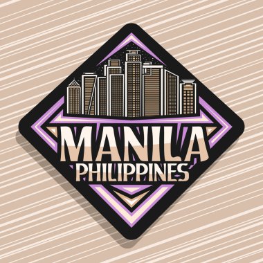 Manila için vektör logosu, Manila için siyah eşkenar dörtgen etiketi, akşam gökyüzü arka planında Manila şehir manzarasının ana hatlarıyla çizilmiş tasarım buzdolabı mıknatısı, manila, filipinler için yaratıcı harflerle..