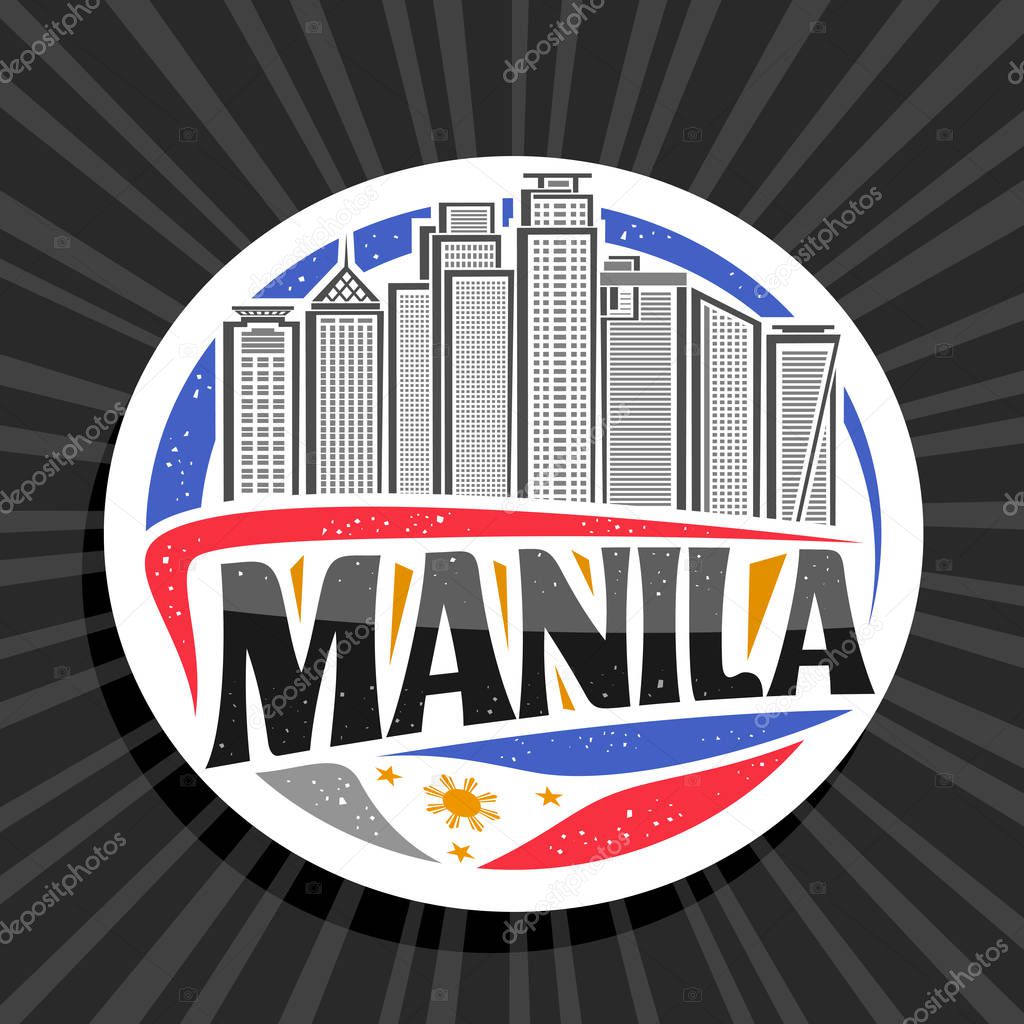 Vector logo for Manila, white decorative circle tag with illustration of contemporary manila city scape on sky background, art design tourist fridge magnet with creative letters for black text manila.