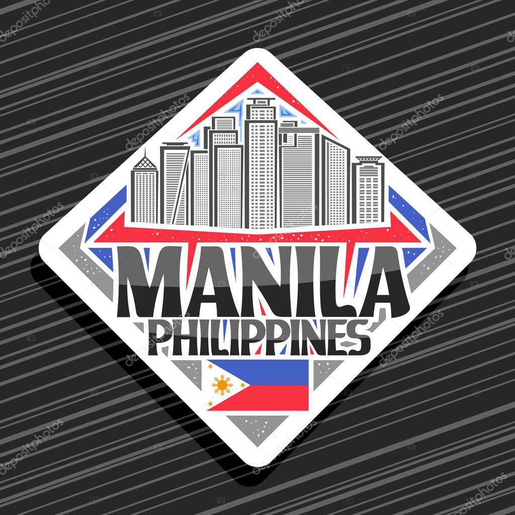 Vector logo for Manila, white rhombus tag with line illustration of contemporary manila city scape on day sky background, design fridge magnet with creative letters for black words manila, philippines