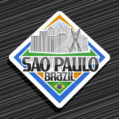 Sao Paulo için vektör logosu, beyaz eşkenar dörtgen etiketi gökyüzü arka planında ünlü Sao Paulo şehir manzarası çizimi, siyah kelimeler için yaratıcı harflerle buzdolabı mıknatısı Sao Paulo, Brezilya.