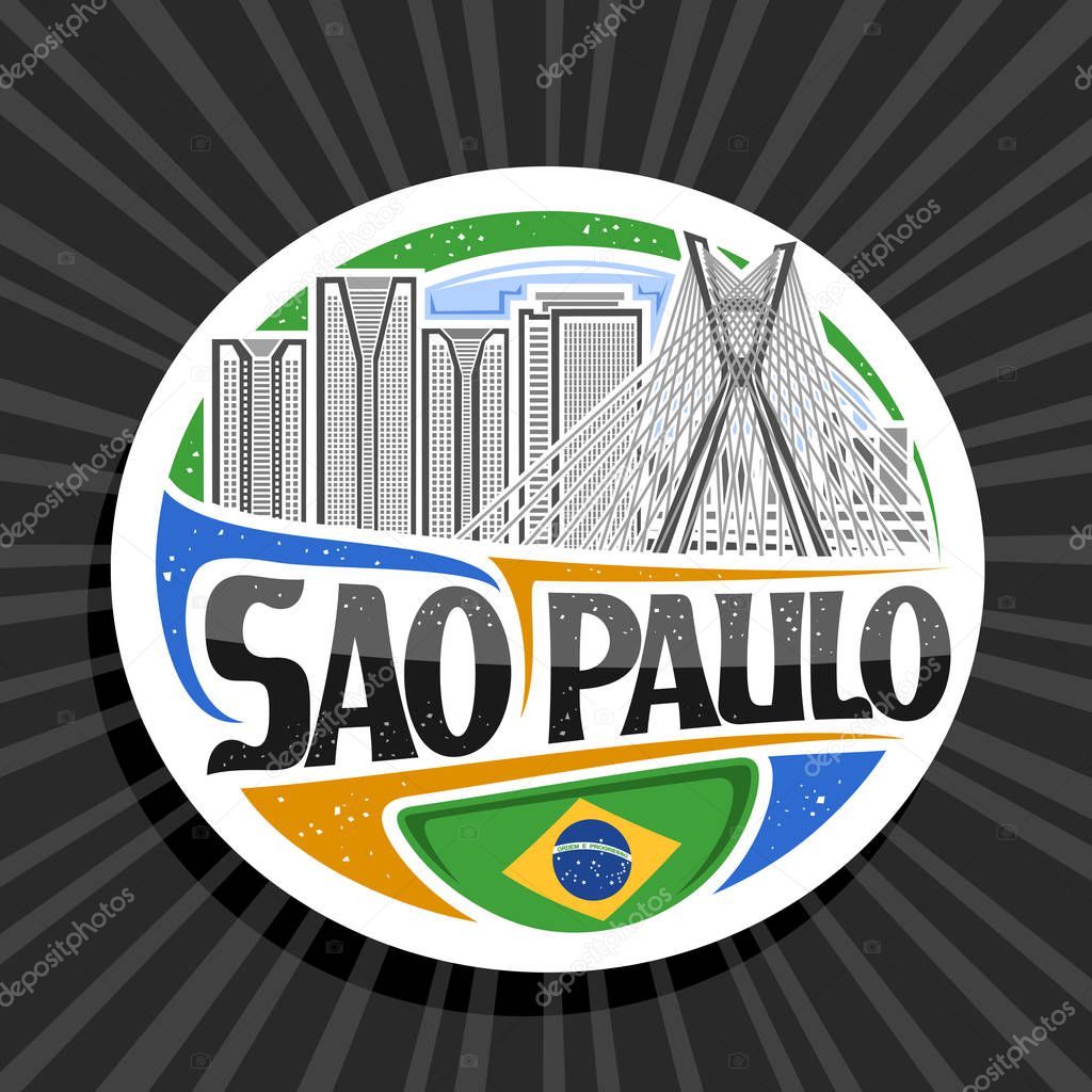 Vector logo for Sao Paulo, white decorative circle tag with illustration of contemporary sao paulo city scape on sky background, tourist fridge magnet with creative letters for black text sao paulo.