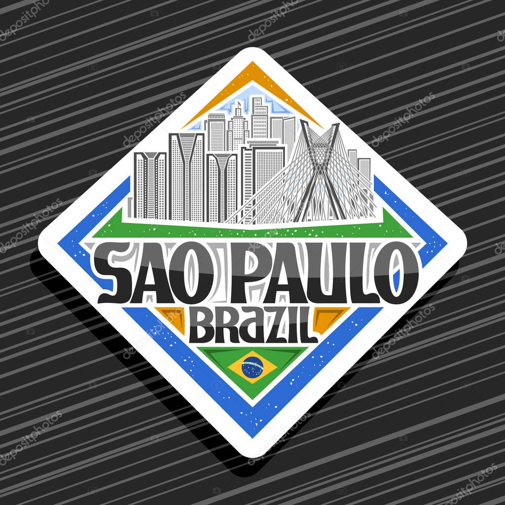 Vector logo for Sao Paulo, white rhombus tag with line illustration of famous sao paulo city scape on day sky background, design fridge magnet with creative letters for black words sao paulo, brazil.