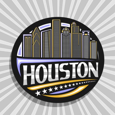 Houston için vektör logosu, Houston için siyah dekoratif daire rozeti alacakaranlık gökyüzü arka planında modern Houston şehir manzarasının çizimi, Houston kelimesinin yaratıcı harfleriyle turist buzdolabı mıknatısı.
