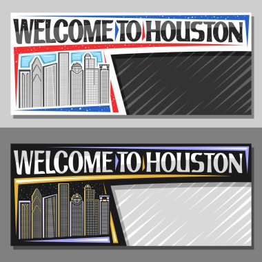 Houston için fotokopi alanı olan vektör yerleşimleri, günümüz Houston şehrinin gündüz ve alacakaranlık gökyüzü arkaplanı çizelgesi, Houston 'a hoş geldiniz yazılı sanat tasarımı turizm kuponu.