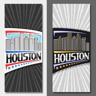 Houston için vektör taslakları, modern Houston şehrinin gündüz ve alacakaranlık gökyüzü arkaplanlarının çizimleriyle dekoratif broşürü, Houston kelimesinin yaratıcı harfleriyle sanat tasarımı turist kartı..